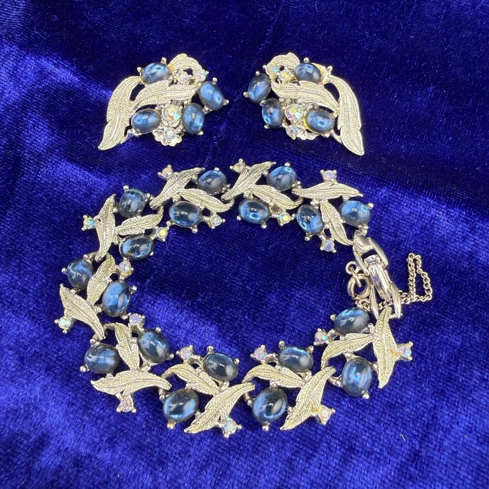 Vintage Bracelet Clip On Earrings Set Silver Tone Blue Glass Rhinestone 7"‎